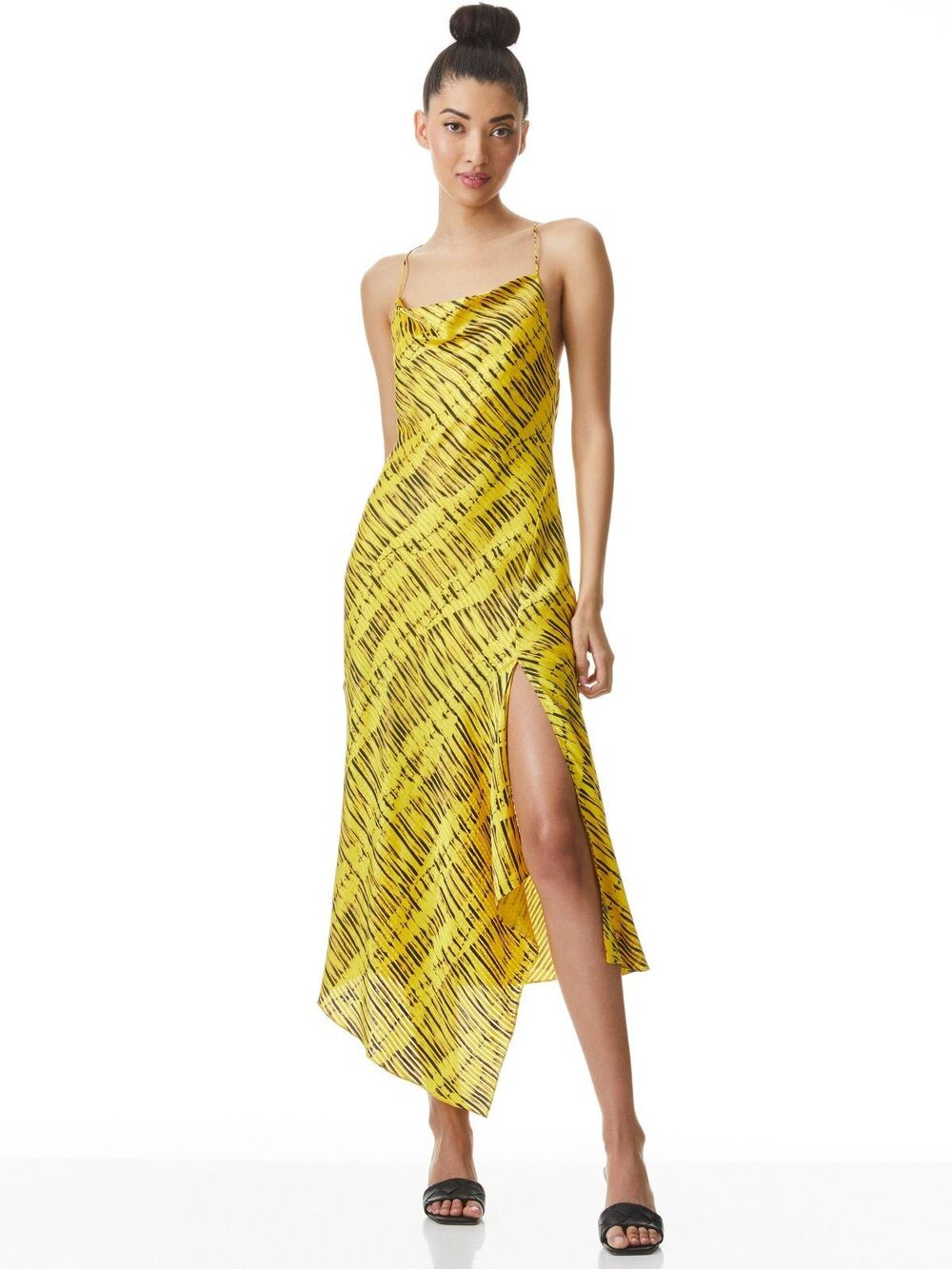 Alice + Olivia Harmony Drapey Yellow Black Stripe Slip Dress US 2
